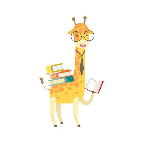Jirafa sonriente personaje del zoológico del gusano de biblioteca usando gafas y leyendo un libro ilustración de dibujos animados parte de los animales en la colección de la biblioteca — Vector de stock