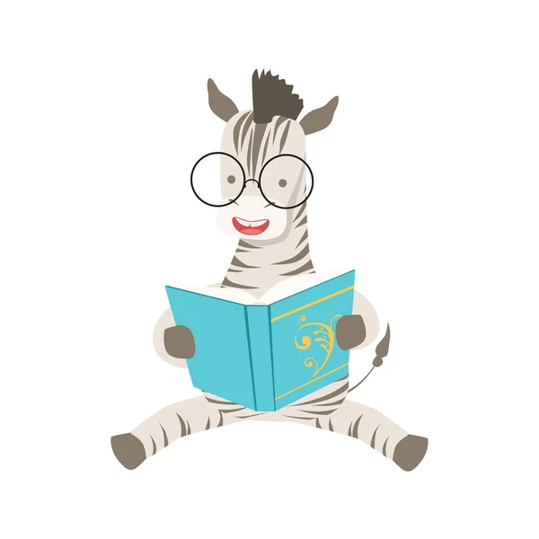 Zebra uśmiechający się znak Zoo Bookworm, w okularach i z książką kreskówka ilustracja część zwierząt w kolekcji biblioteki — Wektor stockowy