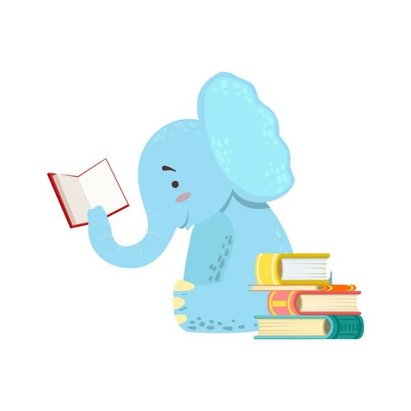 Elefante sonriendo Bookworm Zoo personaje leyendo un libro ilustración de dibujos animados parte de los animales en la colección de la biblioteca — Archivo Imágenes Vectoriales