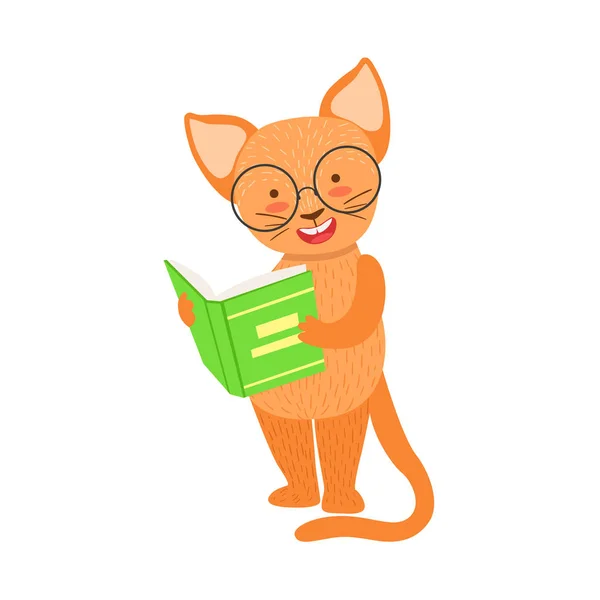 Gato rojo sonriendo Bookworm Zoo carácter usar gafas y leer un libro de dibujos animados ilustración parte de los animales en la colección de la biblioteca — Archivo Imágenes Vectoriales