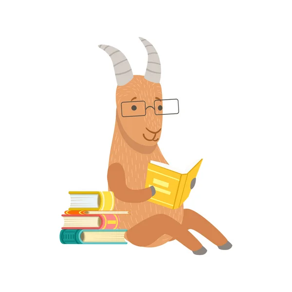 Gözlük takan ve Kütüphane koleksiyonu hayvanlarda bir kitap çizgi film illüstrasyon parçası okuma kitap kurdu Hayvanat Bahçesi karakter gülümseyen keçi — Stok Vektör