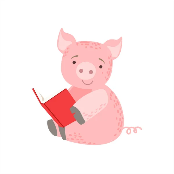 Gözlük takan ve Kütüphane koleksiyonu hayvanlarda bir kitap çizgi film illüstrasyon parçası okuma kitap kurdu Hayvanat Bahçesi karakter gülümseyen domuz — Stok Vektör