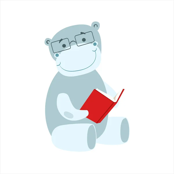 Hippo uśmiechający się znak Zoo Bookworm, w okularach i czytanie część ilustracja kreskówka książka zwierząt w kolekcji biblioteki — Wektor stockowy