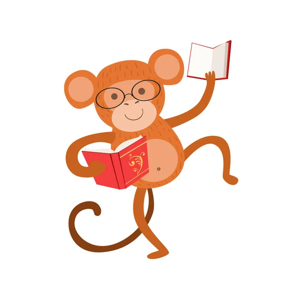 Monkey Smiling Bookworm Zoo Character Wearing Glasses And Reading A Book Cartoon Illustration Part Of Animals In Library Collection — Stock Vector