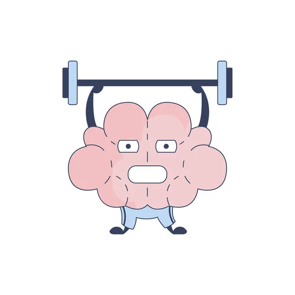 Hjärnan i gymmet gör styrketräning komisk karaktär som utgör intellekt och intellektuella aktiviteter mänskliga sinnet tecknad platt vektorillustration — Stock vektor