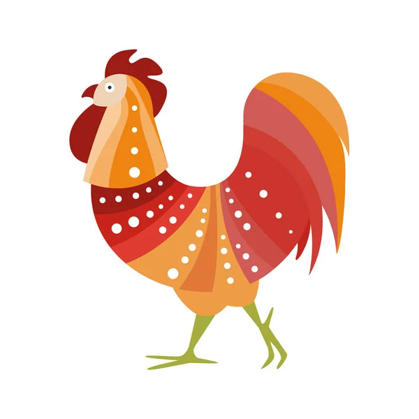 Coq ferme oiseau coloré dans le style moderne artistique rempli de couleurs chaudes motif rayé et points blancs Illustration colorée — Image vectorielle