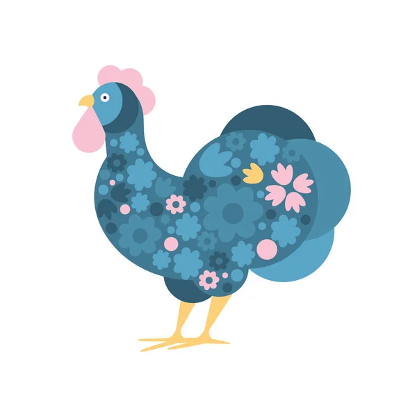 Gallo granja pájaro coloreado en estilo moderno ártico lleno de azul y rosa FloralPattern ilustración colorida — Archivo Imágenes Vectoriales