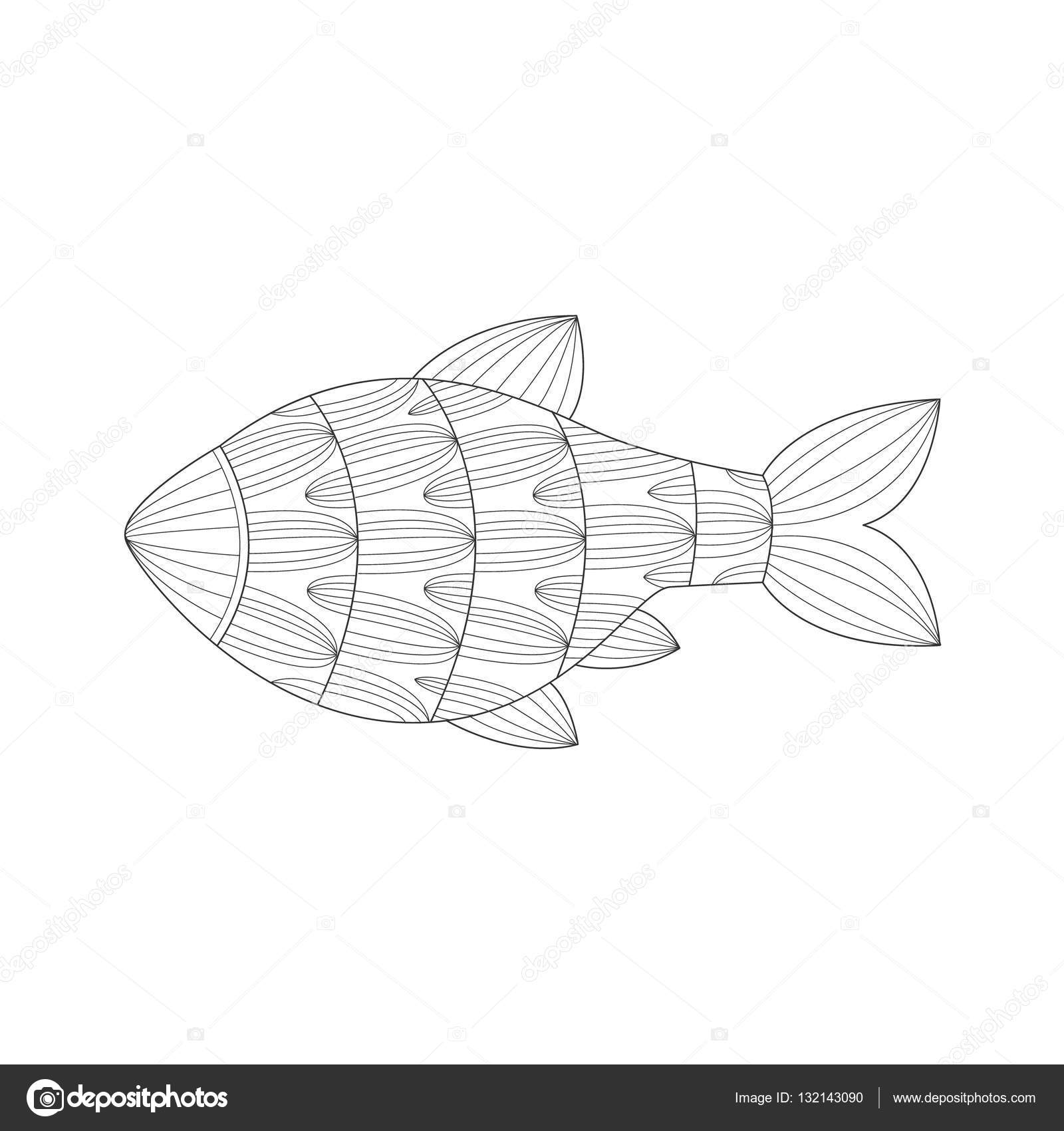 Acquario tropicale pesce mare natura subacquea adulto bianco e nero Zentangle Coloring Book Illustration Disegno vettoriale monocromatico con mosaico