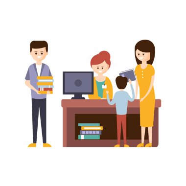 Kütüphane veya kitap seçmek için kütüphaneci yardımıyla kullanan kişilerle Kitabevi