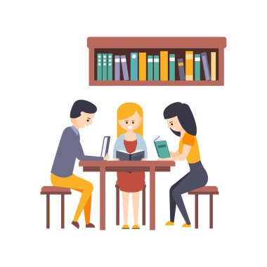 Kitaplık veya kitapçı öğrencileri ile kitap okuma ve birlikte masa başında eğitim