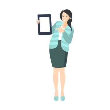 Kız turkuaz ceket ve etek genç profesyonel insanlar Office stili ve sokak moda koleksiyonunun parçası Tablet ile sunum yapıyor görünüyor