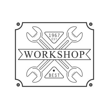 Anahtarı kare çerçeve Premium Kalite ahşap Atölyesi tek renkli Retro pul vektör tasarım şablonunda geçti