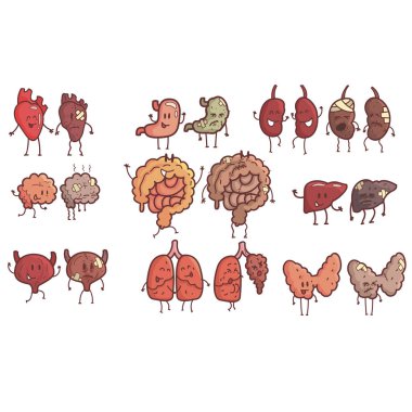 İnsan iç organları sağlıklı Vs sağlıksız karşılaştırma bölümlerinde organizma tıbbi anatomik komik Seviyelendirilmiş komik karakter çiftlerini hasta ve yaralı karşı mutlu ayarla