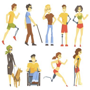 Young People With Permanent And Temporary Disabilities Overcoming The Injury Living Full Live And Doing Sports Collection Of Vector Illustrations.