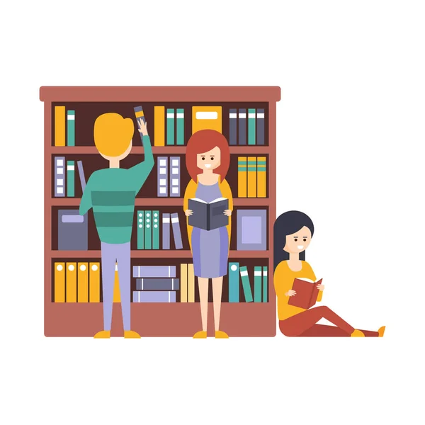 Bibliotece lub księgarni z ludźmi, wybór i czytanie książek obok półki — Wektor stockowy