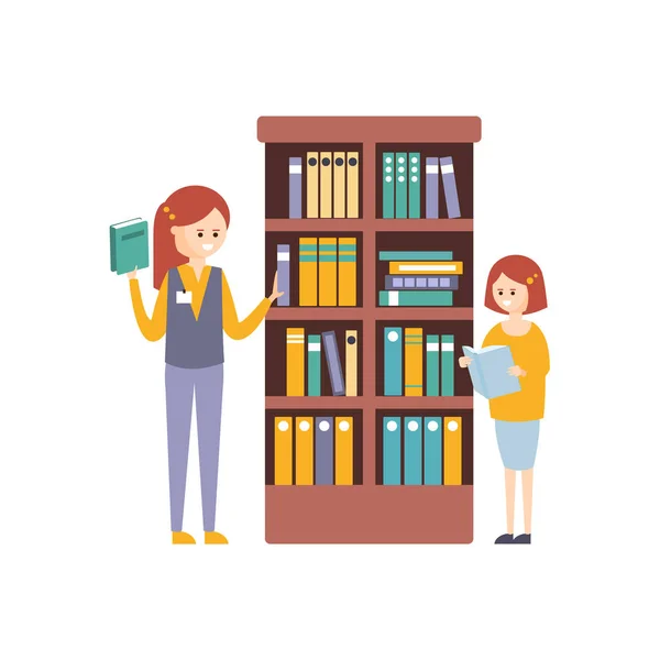 Bibliotheek of boekhandel met met twee meisjes kiezen van boeken op de boekenplank — Stockvector