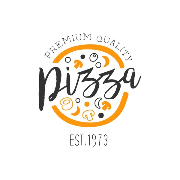 Kompletní Pizza s Orange a Black ingredience Premium kvalitní Italská Pizza Fast Food Street Cafe Menu povýšení znamení v jednoduchých ručně kreslenou Design vektorové ilustrace — Stockový vektor