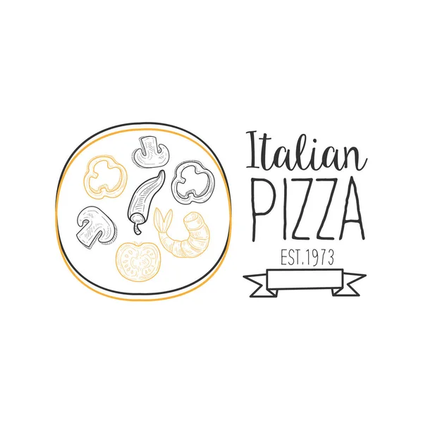 Full Pizza Abd Ribbon Premium Quality Italian Pizza Fast Food Street Cafe Menu Promotion Sign In Simple Hand Drawn Design Vector Illustration — Stock Vector