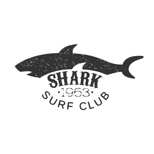 Sello gris del club de surf del verano del tiburón negro y blanco con la plantilla peligrosa de la silueta del animal — Vector de stock