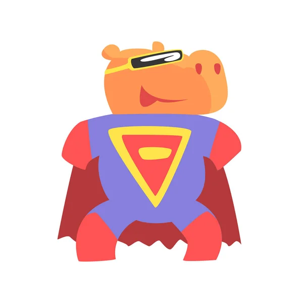 Hippo lachende dier verkleed als superheld met een Cape Comic gemaskeerd Vigilante geometrische karakter — Stockvector