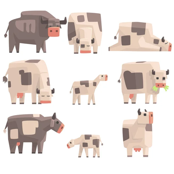 Juguete simple geométrica granja vacas de pie y acostado mientras se navega conjunto de animales divertidos Vector ilustraciones . — Vector de stock