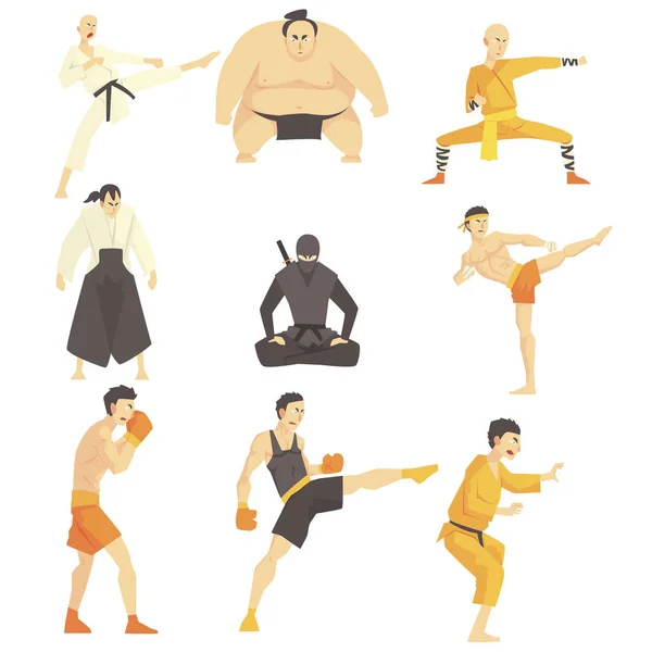 Artes marciais lutadores realizando técnicas diferentes chutes conjunto de lutando asiático esportes profissional em roupas de luta tradicionais roupas esportivas — Vetor de Stock