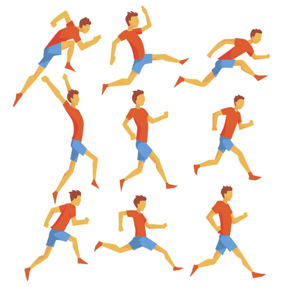 Männlicher Sportler, der die Strecke mit Hindernissen und Hürden in rotem Top und blauem Short im Rennwettkampf bewältigt. — Stockvektor