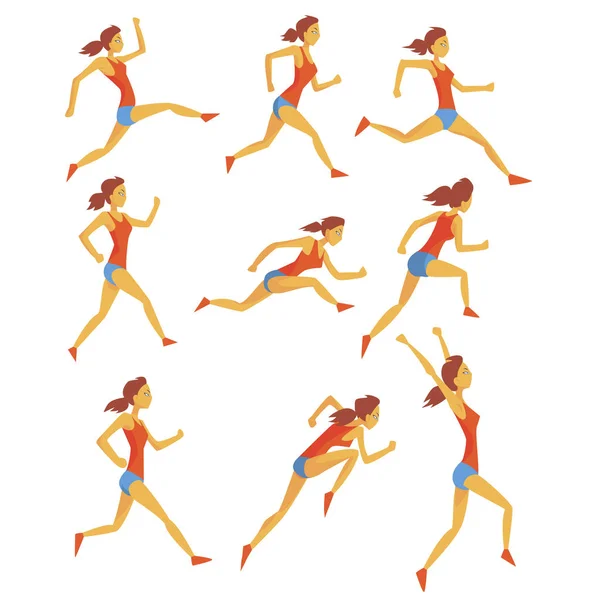 Female Sportswoman Running The Track With Obstacles And Hurdles In Red Top And Blue Short In Racing Competition Set Of Illustrations. — Stock Vector