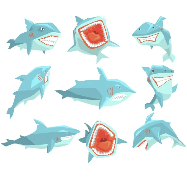 Great White Shark Marine Fish Living In Warm Sea Waters Realistic Cartoon Character Vector Set of Different Views Ilustraciones — Archivo Imágenes Vectoriales