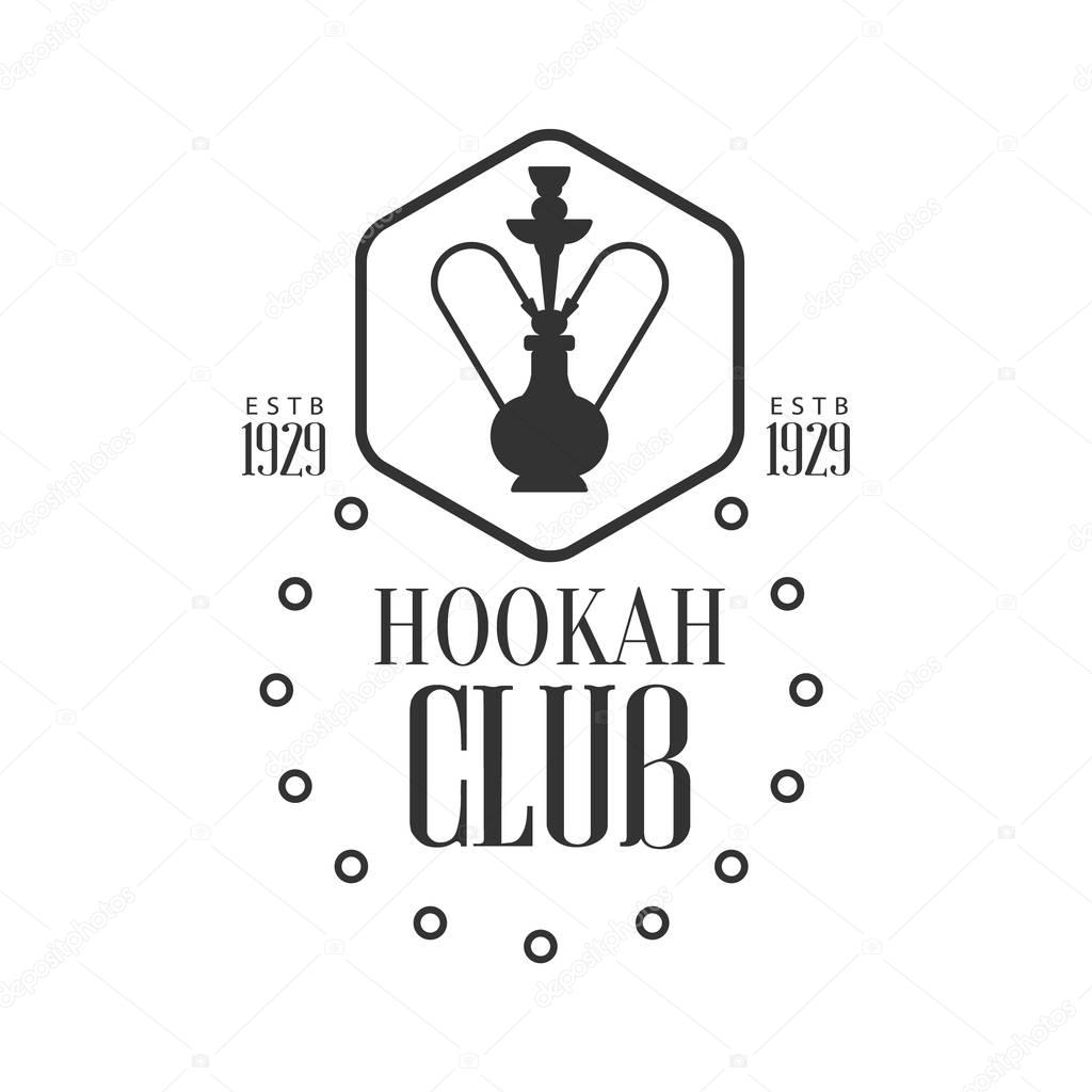 Hookah In Hexagon Frame Premium Quality Smoking Club Monochrome Stamp For A Place To Smoke Vector Design Template. Black And White Illustration With Smoking Related Objects Silhouettes With Text.