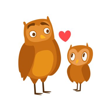 Baykuş baba hayvan üst ve onun bebek buzağı ebeveynlik temalı renkli resimde çizgi film Fauna karakterleri ile