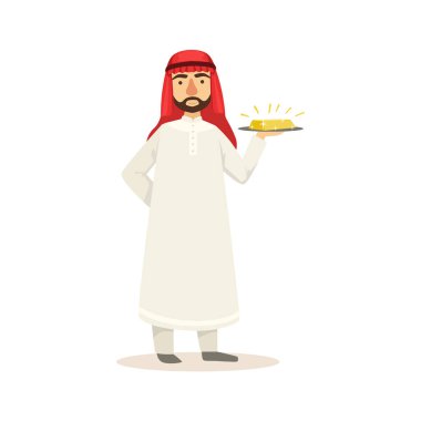 Geleneksel Thwab giysi ve mali iş küre Holding altın Bar plaka üzerinde çalışan giyen Headdress Kufiya Arap Müslüman işadamı giymiş