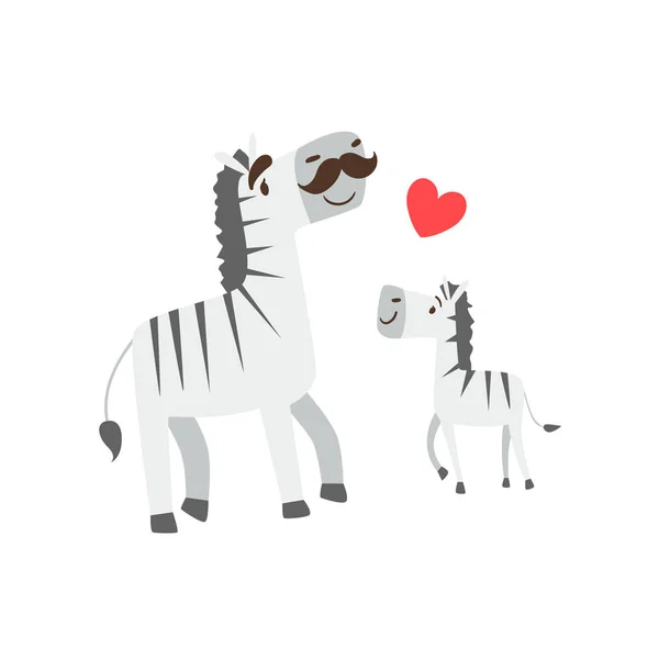 Zebra-Papa mit Schnurrbart tierischer Elternteil und seine Baby-Kälberelternschaft thematisch bunte Illustration mit Zeichentrickfiguren Fauna — Stockvektor