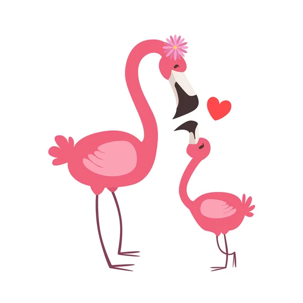 Pink Flamingo Mom With Flower Animal Parent And Its Baby Calf Parenthood Themed Colorful Illustration With Cartoon Fauna Characters — Stock Vector