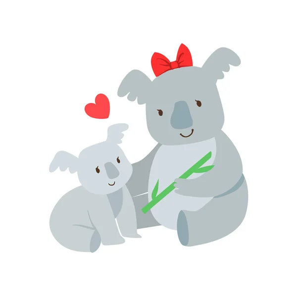 붉은 나비 동물 부모와 그 아기 송아지 부모 테마로 다채로운 그림 만화 동물 캐릭터와 코알라 엄마 — 스톡 벡터