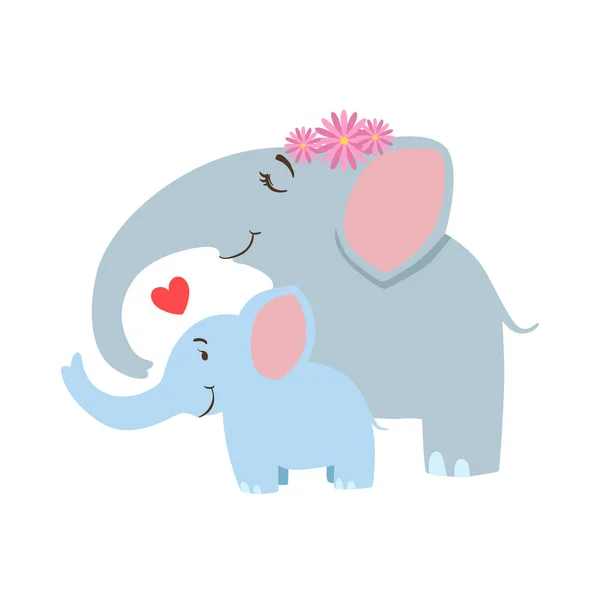 Frower 화 환 동물 부모와 그 아기 송아지 부모 테마로 다채로운 그림 만화 동물 캐릭터와 코끼리 엄마 — 스톡 벡터