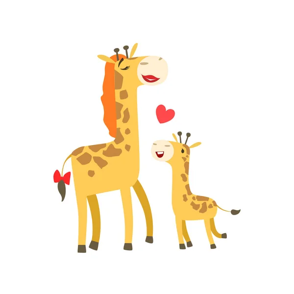 립스틱 동물 부모와 그 아기 송아지 부모 테마로 다채로운 그림 만화 동물 캐릭터와 기린 엄마 — 스톡 벡터