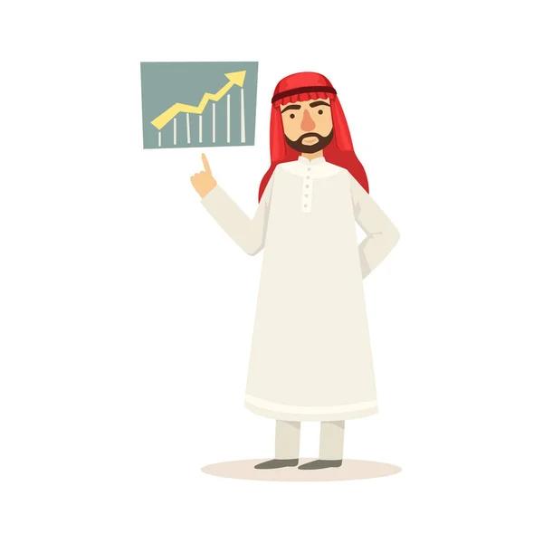 Arabic Muslim Businessman Dressed In Traditional Thwab Clothes And Wearing Headdress Kufiya Working In Financial Business Sphere Making Presentation — Stock Vector