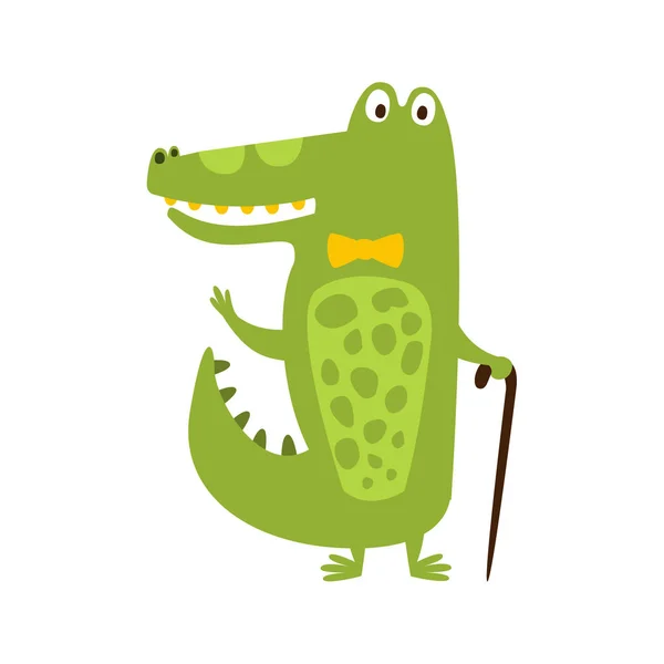 Crocodile With Bow Tie And Cane Flat Cartoon Green Friendly Reptile Animal Character Drawing — Stock Vector
