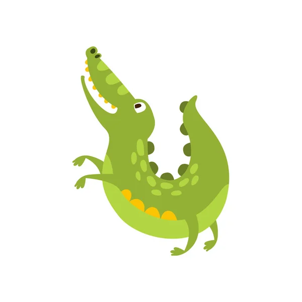 Crocodile Jumping Like Dog Flat Cartoon Green Friendly Reptile Animal Character Drawing