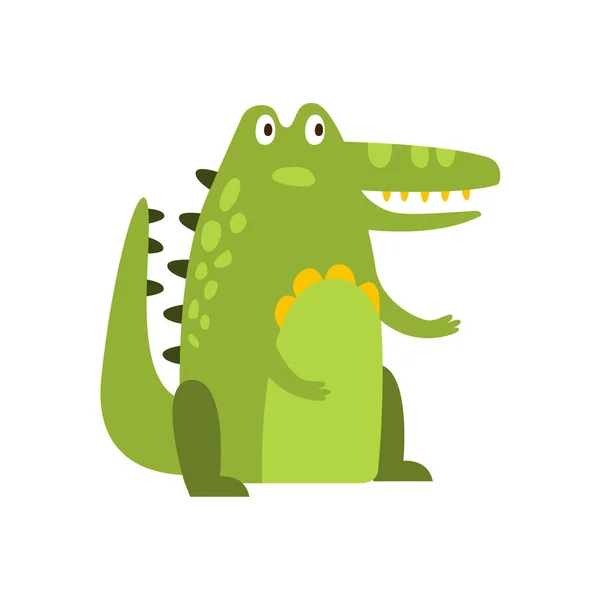 Krokodil sitzt gerade wie Mann flache Cartoon grün freundlich Reptil Tier Charakter Zeichnung — Stockvektor