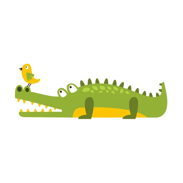 Crocodile Watching Bird On His Nose Flat Cartoon Green Friendly Reptile Animal Character Drawing
