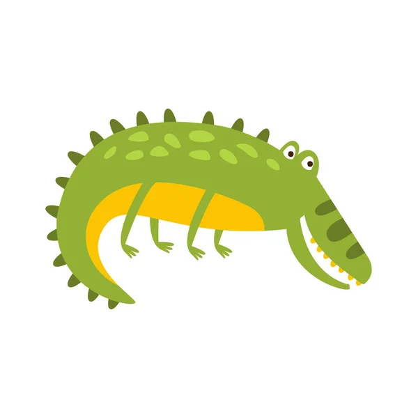 사이드 플랫 만화 녹색 친절 한 파충류 동물에 악어 캐릭터 드로잉 — 스톡 벡터