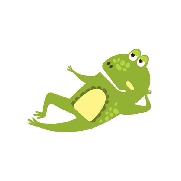 Rana acostándose predicando dibujos animados planos verde amigable reptil animal dibujo de carácter — Vector de stock