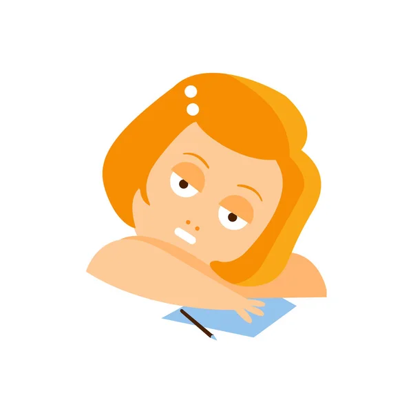 Little Red Head Girl In Red Dress Daydreaming Writing A Letter Flat Cartoon Character Portrait Emoji Vector Illustration — Stock Vector