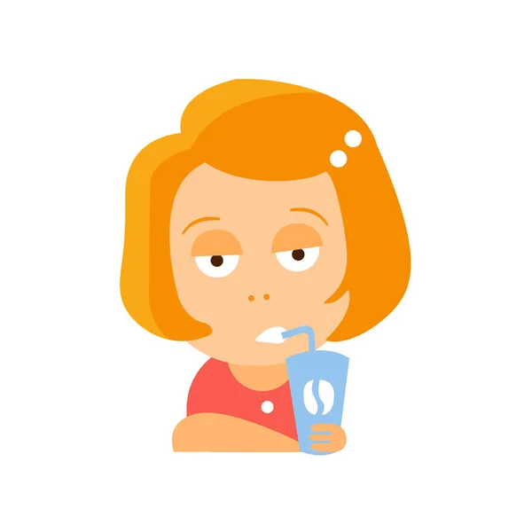 약한 얼굴 평면 만화 캐릭터 초상화 Emoji 벡터 일러스트와 함께 커피를 마시는 빨간 드레스에 빨간 머리 소녀 — 스톡 벡터