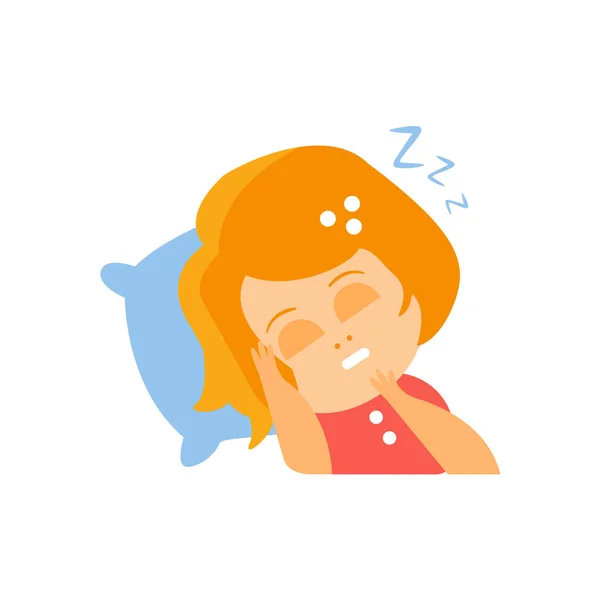 Düz çizgi film karakter portre Emoji vektör çizim uyku Kırmızı elbiseli küçük kırmızı kafa kız — Stok Vektör