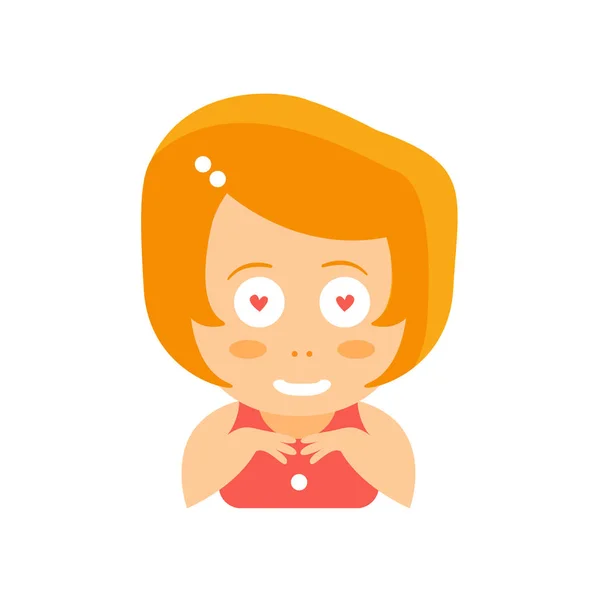 Little Red Head Girl In Red Dress Fan In Love Personaje plano de dibujos animados Retrato Emoji Vector Ilustración — Vector de stock