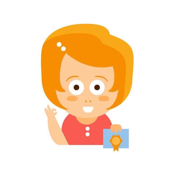 Czerwona głowa dziewczynka w czerwonej sukience z dyplom płaskie Cartoon charakter portret Emoji wektor ilustracja — Wektor stockowy