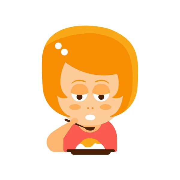 Petite fille à la tête rouge en robe rouge mangeant un portrait de personnage de bande dessinée plat Illustration vectorielle Emoji — Image vectorielle